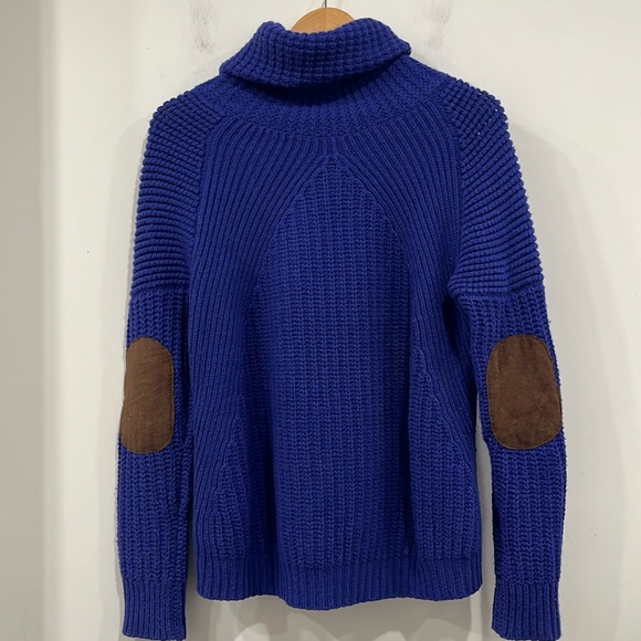 Autumn Cashmere Turtle Neck Pullover Sweater in Cobalt blue Leather elbow M - Picture 7 of 15